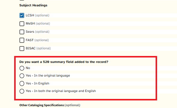 New form field asking whether 520 summary data should be added.
