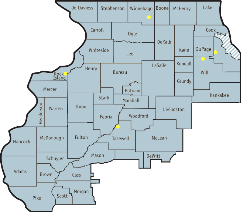 Map of RAILS service area, which covers northern and west-central Illinois, with locations of service centers marked.
