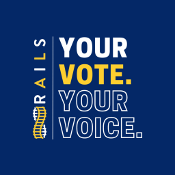 Blue background with the Rails logo on the left. In bold font, "Your vote. Your voice."