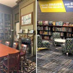Two libraries with bookshelves, chairs, books, decor. 