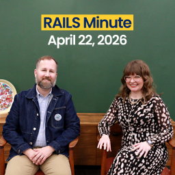 Dan Bostrom and Monica Harris sit in chairs. Rails Minute. April 22, 2026.