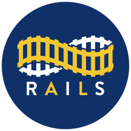 round RAILS logo with Blue background