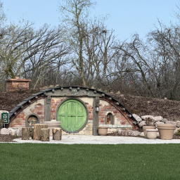 Hobbit-inspired berm built into a landscaped hill, featuring a round green door set in a brick-and-stone façade, with a curved roof, small windows, and a patio area with log seating in front, surrounded by grass and leafless trees.