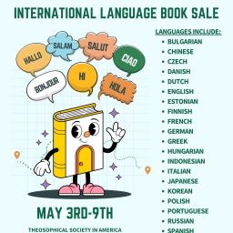 A flyer that includes information about the Book sale, including the languages that will be available, the address, and the dates