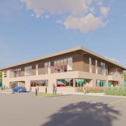 Architectural rendering of the new Roselle Public Library building to be constructed on Maple Avenue in Roselle, Illinois.