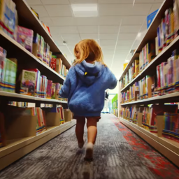 Young child running between the stacks