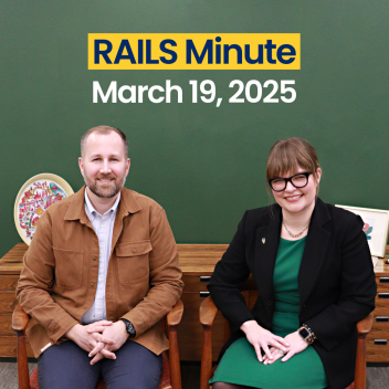 Dan Bostrom and Monica Harris sit in chairs in front of a green wall. Rails Minute. March 19, 2025.