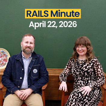 Dan Bostrom and Monica Harris sit in chairs. Rails Minute. April 22, 2026.