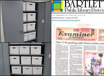 Magazine boxes, the Barlett Public Library logo, and a scan of the Examiner