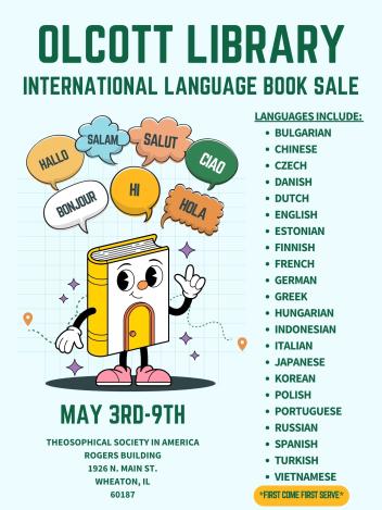 A flyer that includes information about the Book sale, including the languages that will be available, the address, and the dates