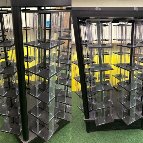 Book/AV spinner with 8 spinning sections. Approximately 43” high and 43” x 36” base (including spinners). Extremely durable. Some tape markings, but otherwise great shape. Free! Must be picked up.