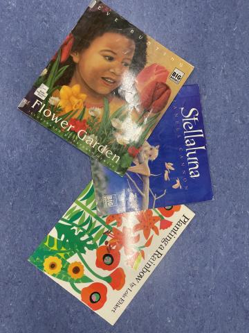 Three big books - Flower Garden by Eve Bunting, Stellaluna by Janell Cannon, and Planting a Rainbow by Lois Ehlert - resting on a blue floor.
