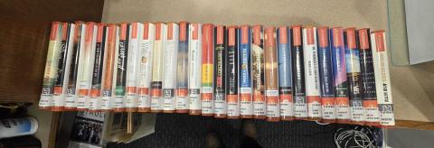 Row of playaways, zoom in to see titles