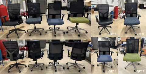 A collage of images of desk chairs with different colored seats