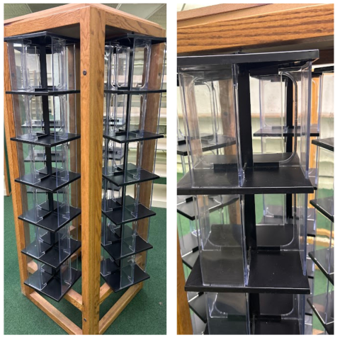 Book/AV spinner with 4 spinning sections. Approximately 60” high and 30” x 30” base including spinners. Durable and in great condition. Free! Must be picked up.