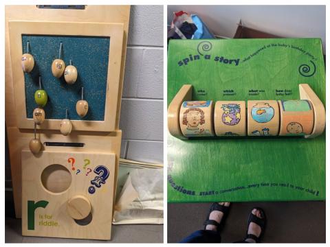 3 Burgeon panels – (spin a story, r is for riddle and create a word eggs) with a 2-panel wooden wall mount and a 1-panel wooden wall mount