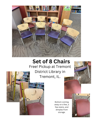 8 children's size chairs, 4 red & 4 purple