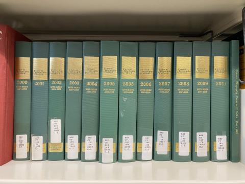A set of thirteen books with the title Current Biography Yearbook on the spine and the years 2000 to 2011 on a bookshelf.