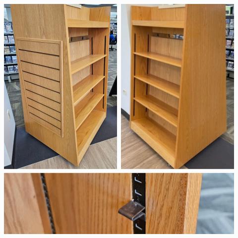 Double sided display shelf on wheels