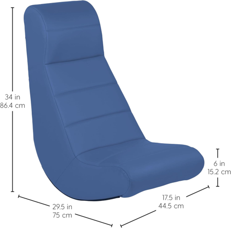 Blue floor rocker seat with measurement specifications: H: 34in, 86.4cm; W: 29.5in, 75cm; W: 17.5in, 44.5cm; Seat Height: 6in, 15.2cm from ground