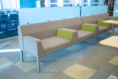 Gray and green bench seats