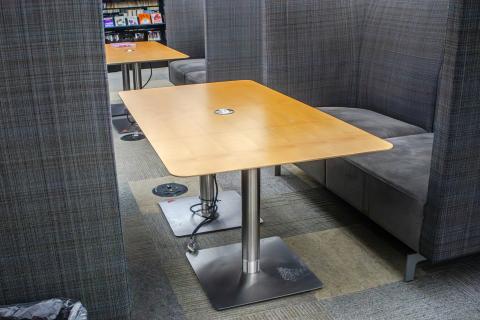 Square wood table with power dual metal pedestal base with ground plates