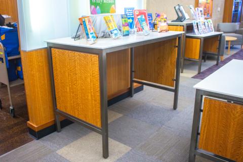 Rectangle white Corian top wood side metal frame tables 54"