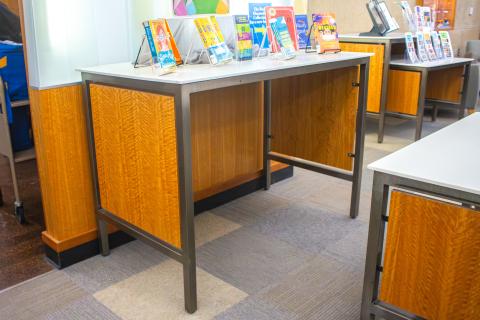 white Corian top wood side metal frame table