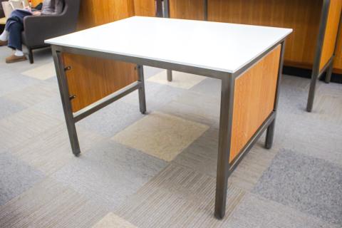 White Corian top wood side metal frame tables