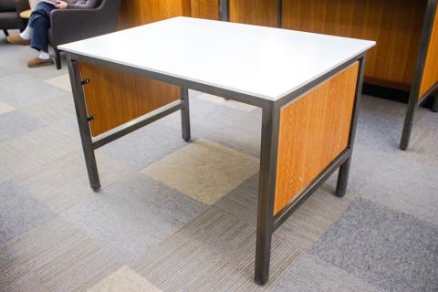 Rectangle white Corian top wood side metal frame tables 42"