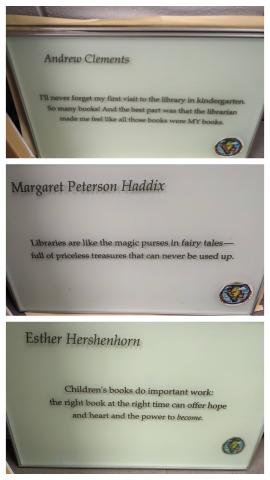3 glass quote panels with silvertone frames - Esther Hershenhorn, Margaret Peterson Haddix and Andrew Clements