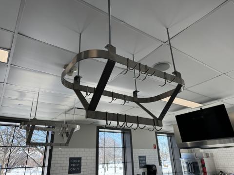 pot rack hanging from ceiling
