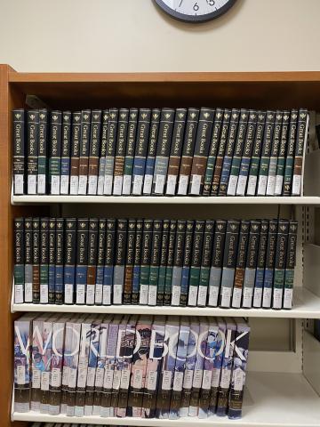 Library shelves with reference books.