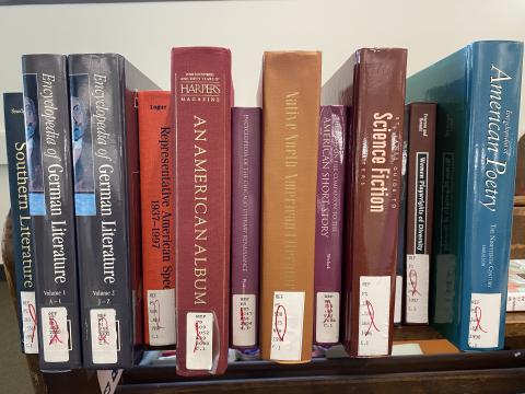 Row of literature reference books on a book cart.