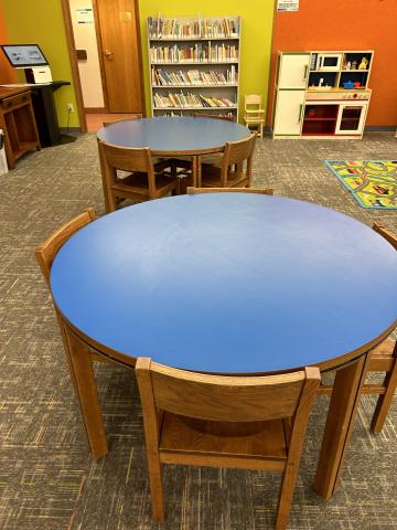 round table with blue top
