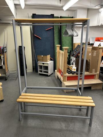 metal coat rack with wooden bench