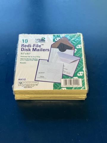 Image is of a white square package, labeled Redi-File Disk Maileers. 