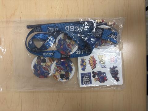 Comic Book Day Lanyard, temporary tattoos, and buttons