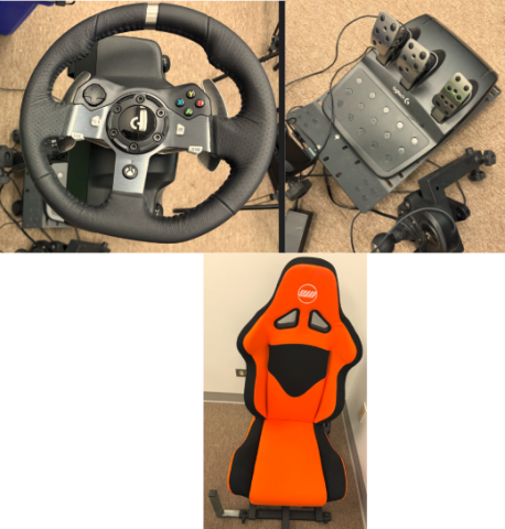 racing game chair, wheel, and pedals