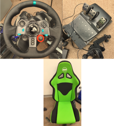 racing game chair, wheel, and pedals