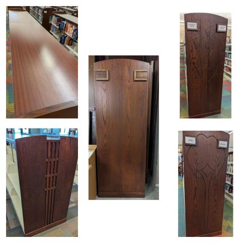 Collage showing a variety of cherry wood decorative end panels for shelving