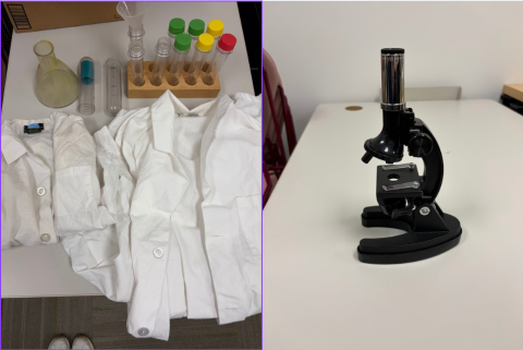 Plastic Beakers, child microscope, Adult lab coat, child lab coat