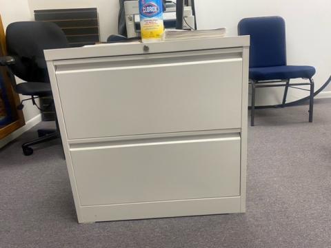 two-drawer white locking metal filing cabinet