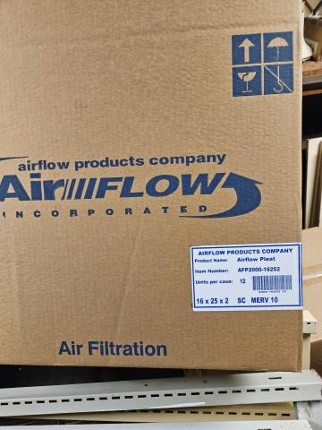 Airflow pleated HVAC filters, 16X25X2, 12 in a box. 6 boxes, unopened.