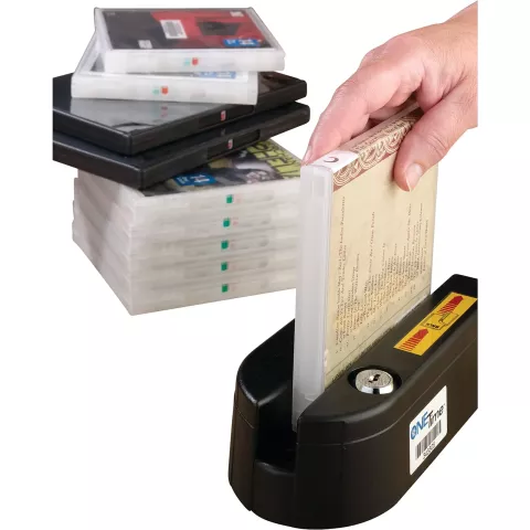 Demco promo image of magnet slide-locking CD security cases