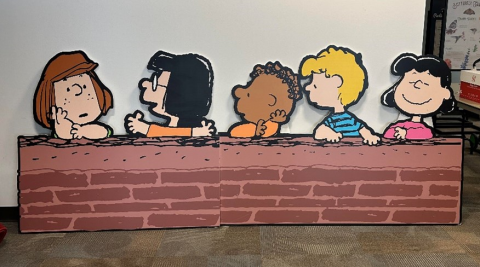 Peanuts characters: Peppermint Patty, Marcy, Franklin, Schroeder, and Lucy