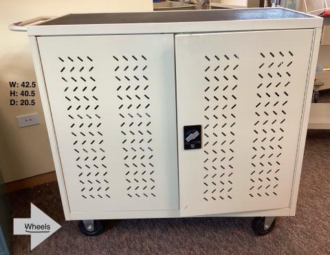 Cabinet with keys, back door also opens, power strip included. 