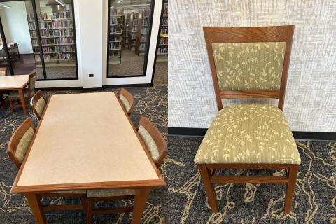 Picture of rectangular table with two chairs on each side, next to a close up picture of a wooden chair with green fabric upholstery