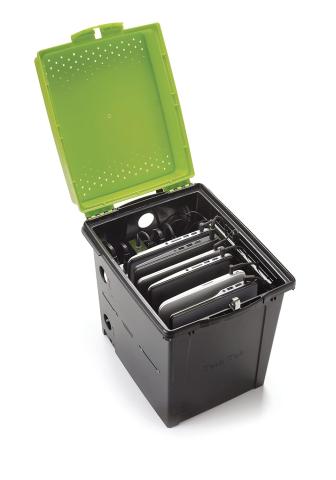 black plastic bin with storage for electronics with lime green lid and tablets inside. 