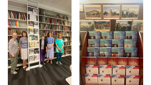 Two pictures side by side. On the left are five members of the library staff standing in front of bookshelves and next to a ladder displaying publications; two people are to the left of the ladder, and three to the right. On the right is a wood display case showing copies of various nursing magazines; pictures of medical buildings hang above them.